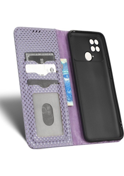 Xiaomi Poco C40 4g Şok Geçirmez Izgara Dokusu Pu Deri Deri Telefon Kılıf Standı Manyetik Otomatik Absorlanmış Telefon Cüzdan Kapak Işık Mor (Yurt Dışından)