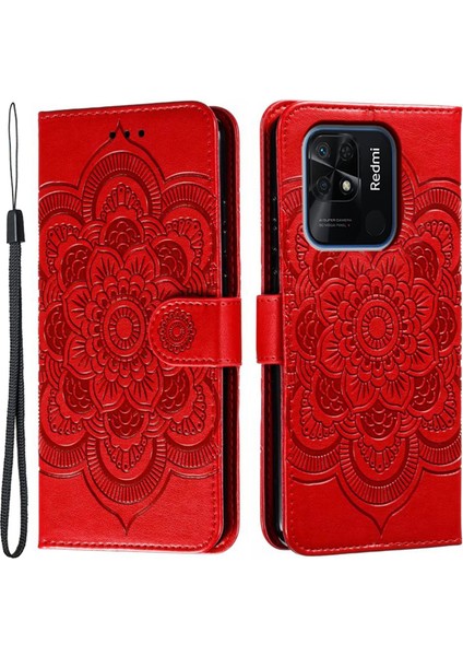 Xiaomi Redmi 10C 4g Pu Deri Cüzdan Stand Kılıfı Mandala Çiçek Telefonu Kapak-Kırmızı (Yurt Dışından)