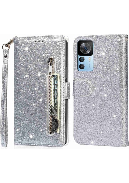 Xiaomi 12T 5G/12T Pro 5g/redmi K50 Ultra 5g Fermuarı Pocket Glittery Pu Şok Geçirmez Kasa Manyetik Toka Flip Telefon Cüzdan Stand Kapağı Silver (Yurt Dışından)