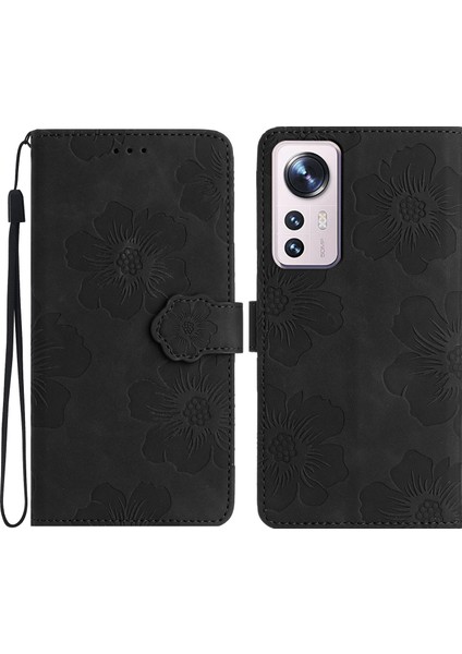 Xiaomi Için 12 Lite 5g Çiçekler Baskılı Pu Deri Cüzdan Kılıf Cep Telefonu Stand Kapağı Black (Yurt Dışından)
