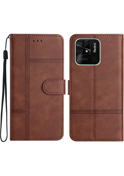 Xiaomi Redmi 10C 4g Için Tamamen Sarılmış Iş Tarzı Pu Deri Koruyucu Kapak Cowhide Doku Hattı Basılı Stand Cüzdan Telefon Kılıfı Strap-Coffee (Yurt Dışından)