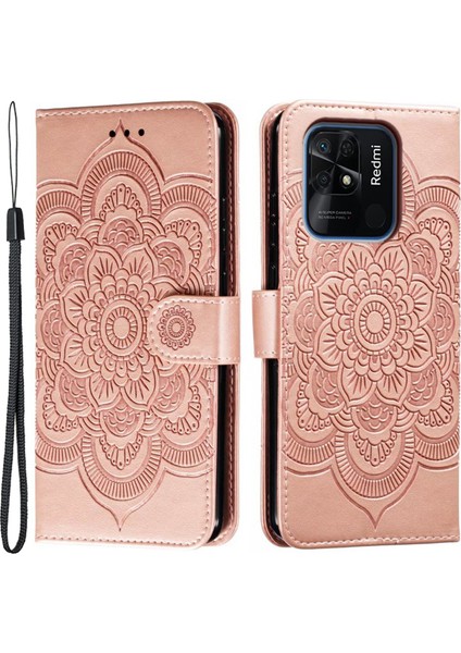 Xiaomi Için Redmi 10C 4g Pu Deri Cüzdan Stand Kılıfı Mandala Çiçek Telefon Kapak Çizgi Altın (Yurt Dışından)
