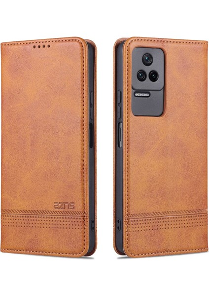 Xiaomi Için Poco F4 5g/redmi K40S 5g Cüzdan Telefon Kılıfı Manyetik Otomatik Ahlak Dokulu Pu Deri Stand Koruyucu Telefon Kapak Kahverengi (Yurt Dışından)