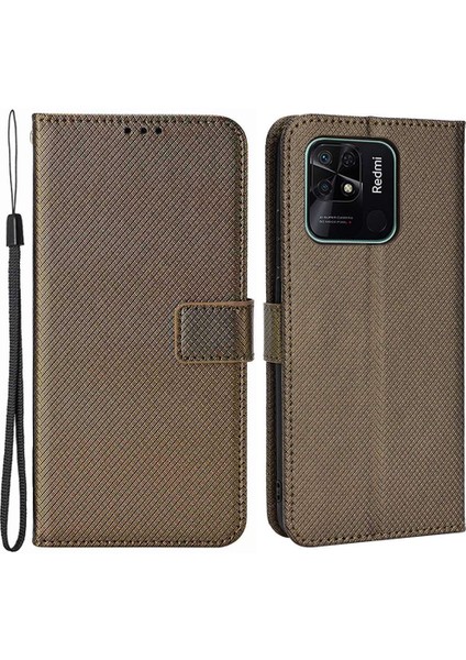 Xiaomi Için Anti-Fall Cüzdan Telefon Kılıfı Redmi 10C Pu Deri Manyetik Stand Kabuk Şok Geçirmez Folio Flip Cover Elmas Doku Telefon Koruyucu Strap-Brown (Yurt Dışından)