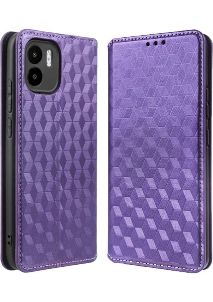 Xiaomi Redmi A1 4g/a2 4g Anti-Drop Rhombus Desen Için Telefon Kapağı Baskılı Pu Deri Folio Folio Telefon Kasası Cüzdan Stant-Mor (Yurt Dışından)