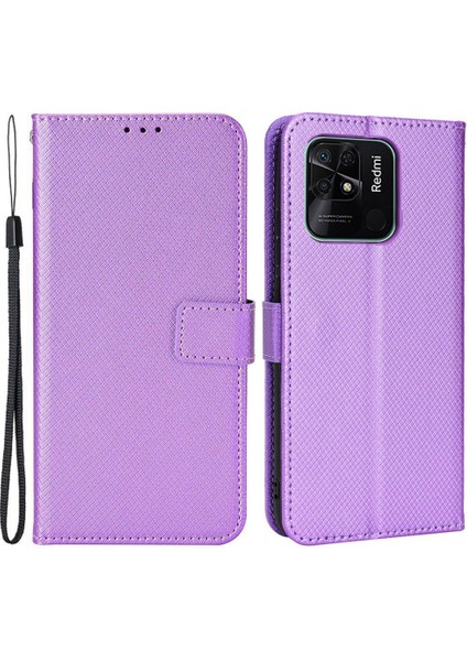 Xiaomi Için Anti-Fall Cüzdan Telefon Kılıfı Redmi 10C Pu Deri Manyetik Stand Kabuk Şok Geçirmez Folio Flip Cover Elmas Doku Telefon Koruyucusu Strap-Spurple ile (Yurt Dışından)
