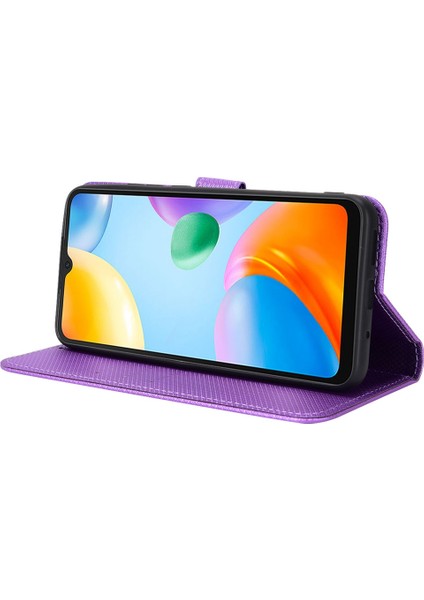 Xiaomi Için Anti-Fall Cüzdan Telefon Kılıfı Redmi 10C Pu Deri Manyetik Stand Kabuk Şok Geçirmez Folio Flip Cover Elmas Doku Telefon Koruyucusu Strap-Spurple ile (Yurt Dışından) modelleri