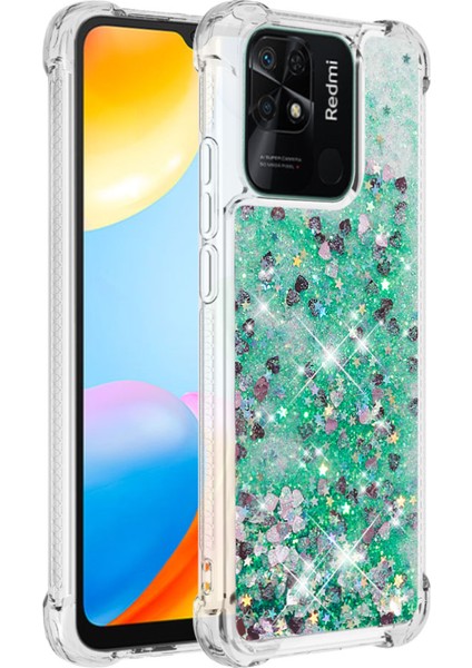 Xiaomi Redmi Için 10C Sıvı Quicksans ve Scratch-Dirençli Sequins Tpu Koruyucu Telefon Vaka-Yeşil/kalpler (Yurt Dışından)