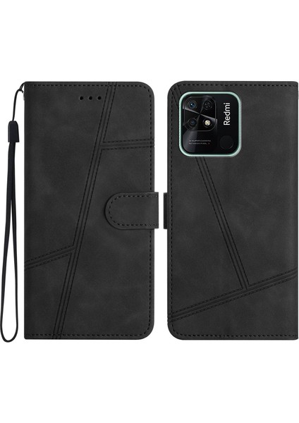 Xiaomi Redmi 10C 4g Cilt Touch Hissed Hissetme Cep Telefonu Kılıf Cüzdan Retro Pu Deri Dikiş Hattı Dekor Telefon Kapak Black (Yurt Dışından)