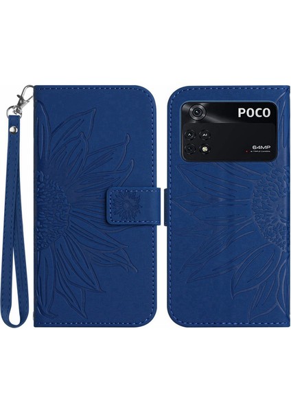 Xiaomi Için Poco M4 Pro 4g HT04 Cüzdan Telefon Kılıfı Baskılı Ayçiçeği Stand Strap-Dark Mavi ile Skin Touch Pu Deri Anti-Çizgi Kapağı (Yurt Dışından)