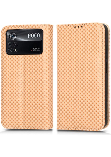 Xiaomi Poco X4 Pro 5g Manyetik Otomatik Absorbed Telefon Cüzdan Kapağı Izgara Dokusu Pu Deri Stand Kılıf Bej (Yurt Dışından)
