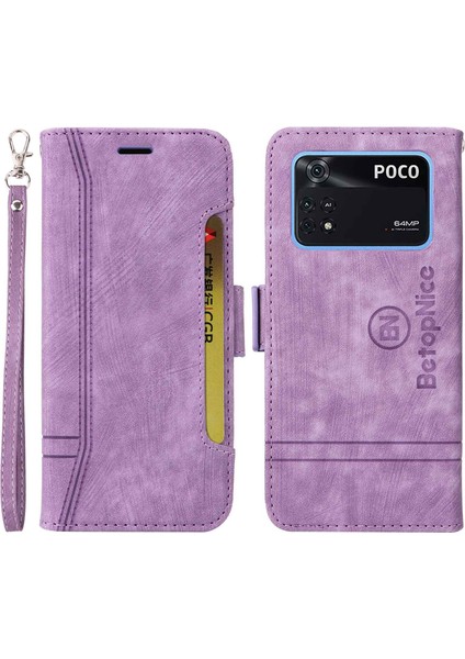 Xiaomi Için Poco M4 Pro 4g Baskılı Dikiş Hattı Pu Deri Derili Damla Geçirmez Kasa Akıllı Telefon Stand Cüzdan Kapağı Strap-Murple (Yurt Dışından)