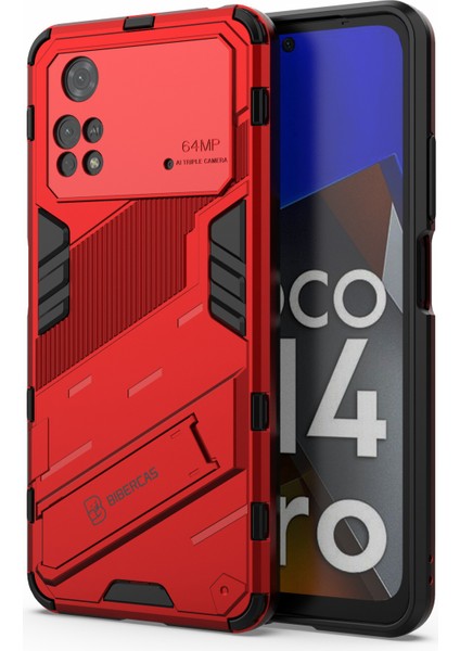 Xiaomi Için Poco M4 Pro 4g Kickstand Tasarım Bırak Koruyucu Kapak Yumuşak Tpu Sert Pc Şok Geçirmez Telefon Kasa-Kırmızı (Yurt Dışından)