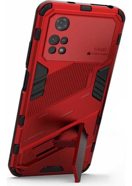 Xiaomi Için Poco M4 Pro 4g Kickstand Tasarım Bırak Koruyucu Kapak Yumuşak Tpu Sert Pc Şok Geçirmez Telefon Kasa-Kırmızı (Yurt Dışından) modelleri