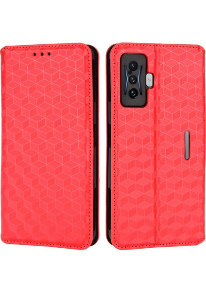 Xiaomi Poco F4 Gt/redmi K50 Oyun, Baskılı Rhombus Desenine Dirençli Otomatik Emici Manyetik Anti-Fall Pu Deri Cüzdan Standı Kapak Kırmızısı (Yurt Dışından)