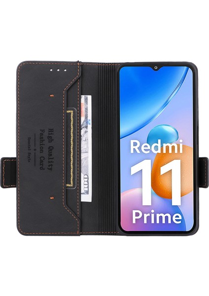 Xiaomi Redmi Için 11 Prime 4g Anti-Çizelge Pu Deri Deri Anti Dalgalı Kılıf Donanım Dekoru Çift Manyetik Toka Cüzdan Stand Kabuk-Black (Yurt Dışından) fiyatları