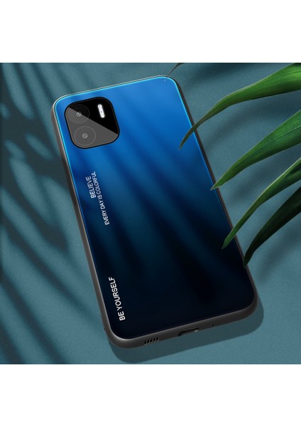 Xiaomi Redmi A1 4g / A2 4g Gradyan Renk Temsilli Cam Telefon Kılıfı Yumuşak Tpu Kenar Pc Geri Hassas Dokunmatik Kapak-Mavi / Siyah (Yurt Dışından)