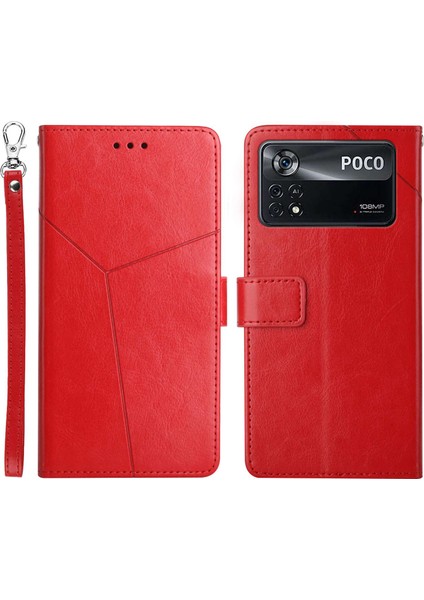 Xiaomi Poco X4 Pro 5g Için HT01 Cep Telefonu Kılıfı, Damla Önleme Pu Deri+Yumuşak Tpu Iç Kabuk Y Hatlar Çizgiler Cüzdan Stand Telefon Kapak Kırmızısı (Yurt Dışından)