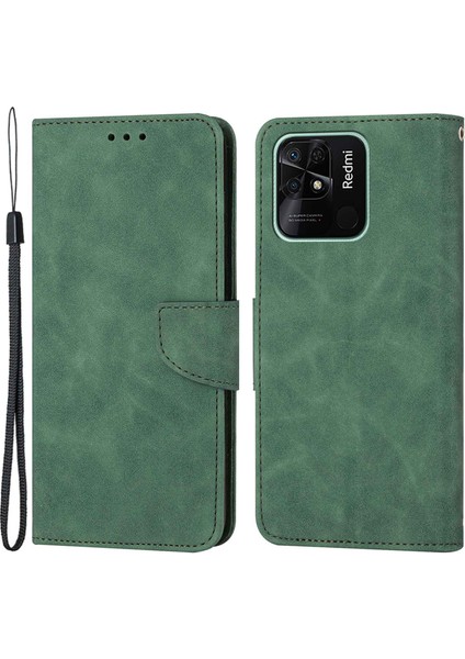 Xiaomi Redmi Için 10C Düz Renkli Deri Telefon Kılıf Katlanabilir Stand Tasarımı Tam Vücut Koruma Telefon Kapak Yeşil (Yurt Dışından)