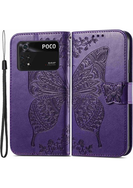 Xiaomi Poco M4 Pro 4g Kelebek Için Baskılı Deri Kılıf Tam Koruma Katlanabilir Stand Cüzdan Telefon Kapağı Strap-Purple ile (Yurt Dışından)