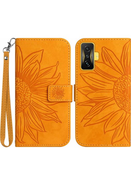 Xiaomi Için Poco F4 Gt/redmi K50 Gaming 5g HT04 Baskılı Ayçiçeği Pu Deri Telefon Kılıfı Stand Manyetik Toka Cilt Touch Koruyucu Kapak El Strap-Sarı ile (Yurt Dışından)