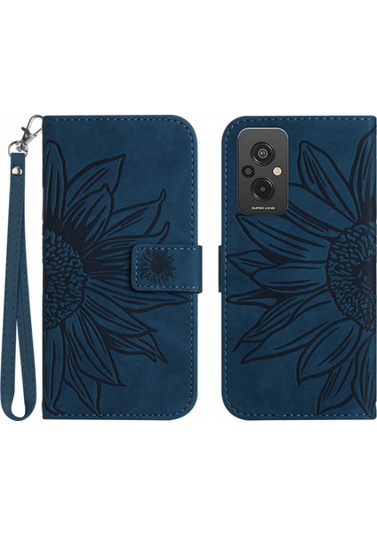 Xiaomi Redmi Için 11 Prime 4g HT04 Ayçiçeği Baskılı Cüzdan Flip Kılıf Cilt Touch Pu Deri Stand Manyetik Telefon Kapağı El Strap-Dark Mavi (Yurt Dışından)