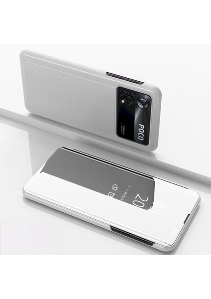 Xiaomi Poco X4 Pro 5g Ayna Yüzey Elektraplama Tasarım Pu Deri+Pc Stand-Silver ile Pencere Telefon Kılıfı (Yurt Dışından)