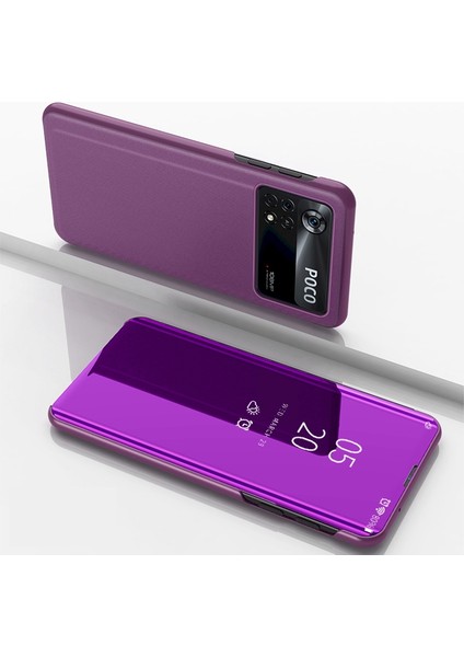 Xiaomi Poco X4 Pro 5g Ayna Yüzey Elektrapan Tasarımı Pu Deri+Pc Stand-Morple ile Pencere Telefon Kılıfı (Yurt Dışından)