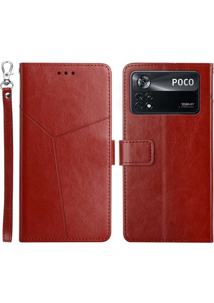 Xiaomi Poco X4 Pro 5g Için HT01 Cep Telefonu Kılıfı, Bırak Önleme Pu Deri+Yumuşak Tpu Iç Kabuk Y Şeklinde Çizgiler Cüzdan Stand Telefon Kapak Kahverengi (Yurt Dışından)
