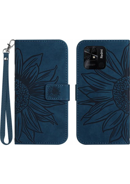 Xiaomi Redmi Için Telefon Kılıfı 10C 4g HT04 Baskılı Ayçiçeği Pu Deri Stand Cüzdan Cilt Touch Telefon Kapağı El Strap-Dark Mavi (Yurt Dışından)