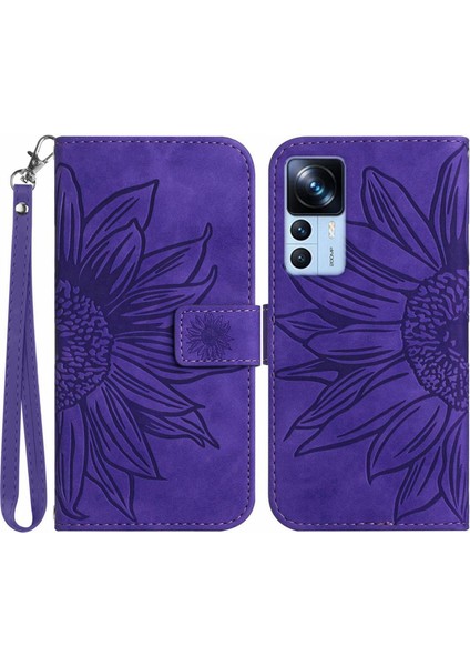 Xiaomi 12T 5G/12T Pro 5g/redmi K50 Ultra 5g HT04 Baskılı Ayçiçeği Stand Cüzdan Telefon Kılıfı Cilt Touch Pu Deri Anti-Drop Kapağı Strap-Dark Mor ile (Yurt Dışından)