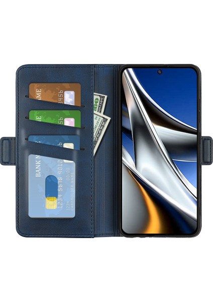 Folio Flip Çift Class Pu Deri Telefon Kabuğu Xiaomi Poco X4 Pro 5g, Katlanabilir Ayarlanabilir Stand Vaka Telefon Cüzdan Aksesuar-Mavi (Yurt Dışından)