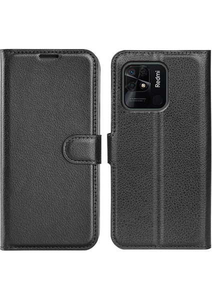 Xiaomi Için Redmi 10C/REDMI 10 (Hindistan) Stand Fonksiyonu Litchi Doku Deri Kılıf Cüzdan Manyetik Cep Telefonu Koruyucu Black (Yurt Dışından)