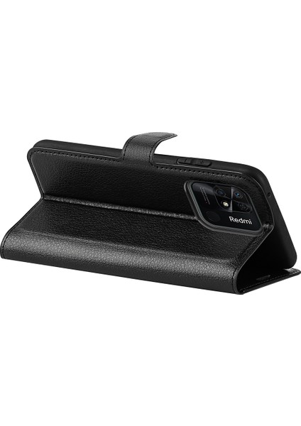 Xiaomi Için Redmi 10C/REDMI 10 (Hindistan) Stand Fonksiyonu Litchi Doku Deri Kılıf Cüzdan Manyetik Cep Telefonu Koruyucu Black (Yurt Dışından) fırsatları