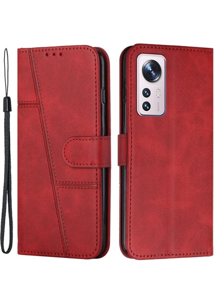 Xiaomi Için 12 Lite 5g Pu Deri Koruyucu Telefon Kılıfı Destekleme Stand Basit Stil Baskılı Dikişli Cep Telefonu Kapak Strap-Red ile (Yurt Dışından)