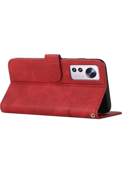 Xiaomi Için 12 Lite 5g Pu Deri Koruyucu Telefon Kılıfı Destekleme Stand Basit Stil Baskılı Dikişli Cep Telefonu Kapak Strap-Red ile (Yurt Dışından)