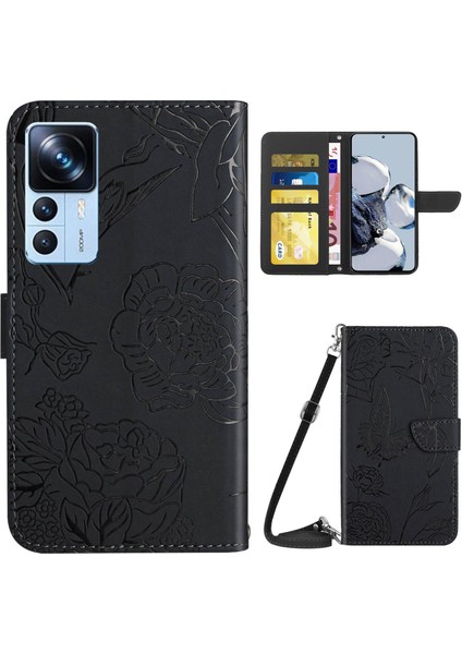 Xiaomi 12T 5g/redmi K50 Ultra 5G/12T Pro 5g HT03 Kelebek Çiçekleri Baskılı Cilt Touch Pu Deri Kapak Stand Cüzdan Telefon Kılıfı Omuz Kayışı Black (Yurt Dışından)
