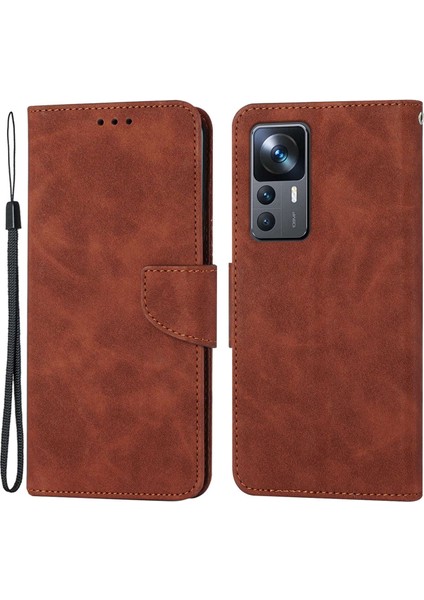 Xiaomi 12T 5G/12T Pro 5g/redmi K50 Ultra 5g Düz Renk Pu Deri Telefon Kabuğu, Cüzdan Stand Tasarım Anti-Drop Manyetik Toka Telefon Kahverengi (Yurt Dışından)