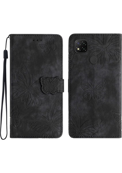 Xiaomi Için Redmi 10A Cilt Touch Telefon Deri Kılıf Stand Standı Cüzdan Kelebek Basılı Kapak Black (Yurt Dışından)