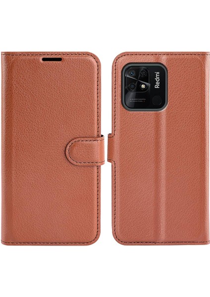 Xiaomi Için Redmi 10C/REDMI 10 (Hindistan) Stand Fonksiyon Litchi Doku Deri Kılıf Cüzdan Manyetik Cep Telefonu Koruyucu-Brown (Yurt Dışından)