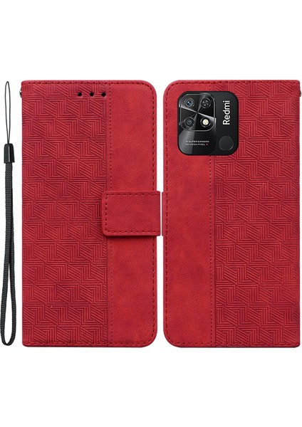 Geometri Xiaomi Redmi 10C Için Baskılı Telefon Kasası, Cüzdan Standı Pu Deri Manyetik Toka Kapağı Kayış Kırmızısı (Yurt Dışından)