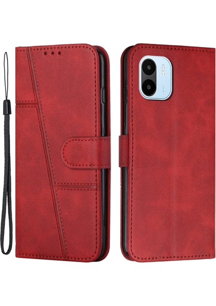 Xiaomi Için Redmi A1 4g/a2 4g Basit Stil Telefon Kapağı Dikiş Tasarım Cüzdan Anti-Çizelge Pu Deri Stand Kılıfı Strap-Red ile (Yurt Dışından)
