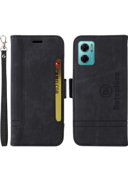 Xiaomi Redmi Için Not 11E 5g/10 5g/10 Prime+ 5g Baskılı Dikiş Hattı Pu Deri Derili Damla Damla Koruma Kılıfı Flip Stand Cüzdan Kapağı Strap-Black (Yurt Dışından)