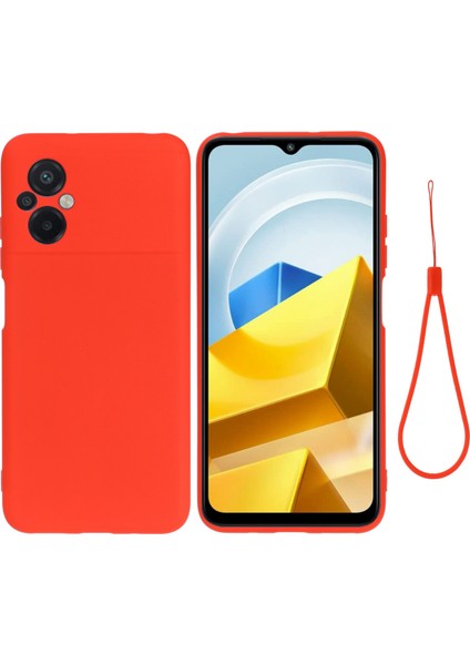 Xiaomi Poco M5 4g Için Sıvı Silikon Cep Telefonu Kılıfı, Yumuşak Elyaf Astar Anti-Çizgi Kapak Damla Koruma Kabuğu Strap-Red ile (Yurt Dışından)