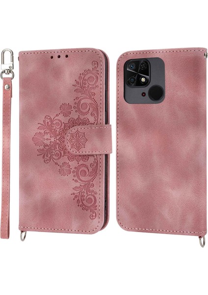 Xiaomi Redmi 10C 4g Anti-Fall Anti-Fone Case Için Baskılı Çiçekler Pu Deri Deri Touch Stand Flip Cüzdan Kapağı Bilek Kayışı ve Omuz Kayış Pembe (Yurt Dışından)