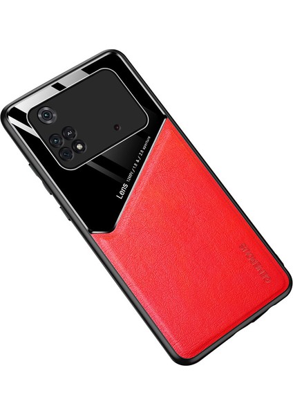 Xiaomi Poco X4 Pro 5g Mobil Telefon Kapağı Dokulu Deri Kaplamalı Pc+Tpu Anti-Fall Anti-Fall Anti Metal Manyetik Plaka Kamera Koruması Arka Kabuk Kapak-Kırmızı (Yurt Dışından)