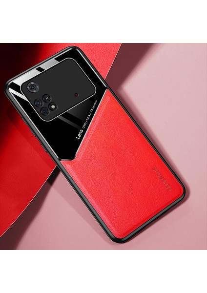Xiaomi Poco X4 Pro 5g Mobil Telefon Kapağı Dokulu Deri Kaplamalı Pc+Tpu Anti-Fall Anti-Fall Anti Metal Manyetik Plaka Kamera Koruması Arka Kabuk Kapak-Kırmızı (Yurt Dışından) fiyatları