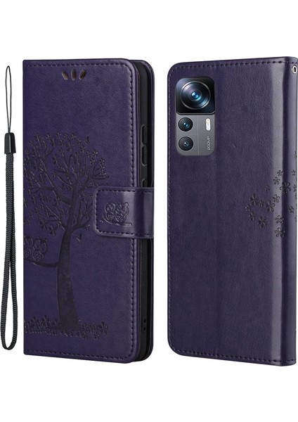 Xiaomi 12T 5g/redmi K50 Ultra 5G/12T Pro 5g Pu Deri Deri Baskılı Baykuş Ağacı Desen Kılıf Anti-Çizelge Cüzdan Stand Manyetik Toka Kapak-Dark Mor (Yurt Dışından)
