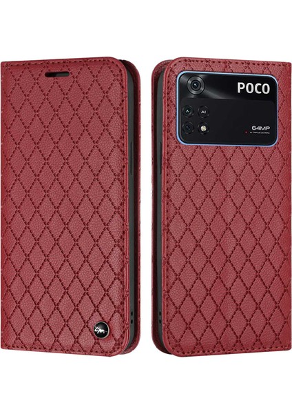 Xiaomi Için Poco M4 Pro 4g Anti-Fall Litchi Doku Doku Telefon Cüzdan Standı Rhombus Desenine Dirençli Cep Telefonu Vaka-Kırmızı (Yurt Dışından)