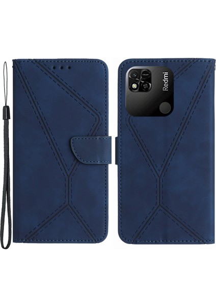 HT05 Cüzdan Stand Telefon Kılıfı Xiaomi Redmi 10A Baskılı Hat Cilt Doku Pu Deri Kapak Mavisi (Yurt Dışından)